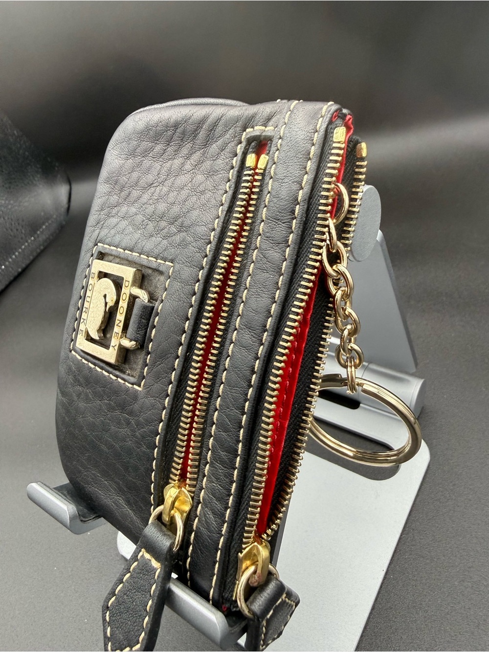 Dooney & Bourke Black Leather Double Zip Coin Purse Keychain Key Pouch